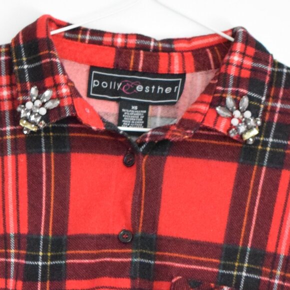 POLLY & ESTHER Red Plaid Button Up Crop Top with Jeweled Collar | Size XS - Picture 6 of 9